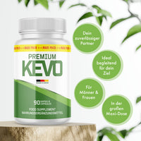 Thumbnail for Weiße Premium-Kevo-Dose mit 90 Kapseln neben vier großen grünen Infokreisen mit Produktmerkmalen