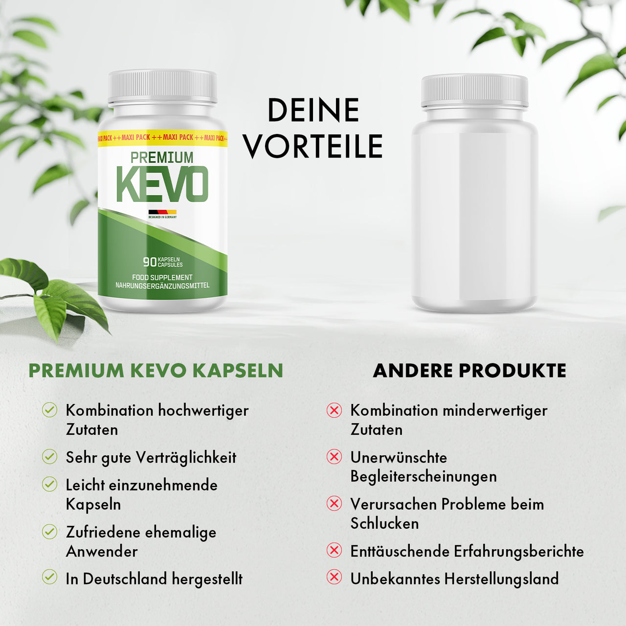 Premium-Kevo-Dose wird einer neutralen Dose gegenübergestellt, mit Bewertungslisten darunter