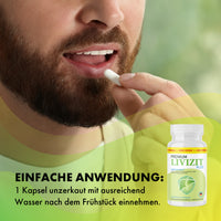 Thumbnail for Grafik mit Mann, Kapsel an den Lippen, Livizit Plus Dose und Text Einfache Anwendung