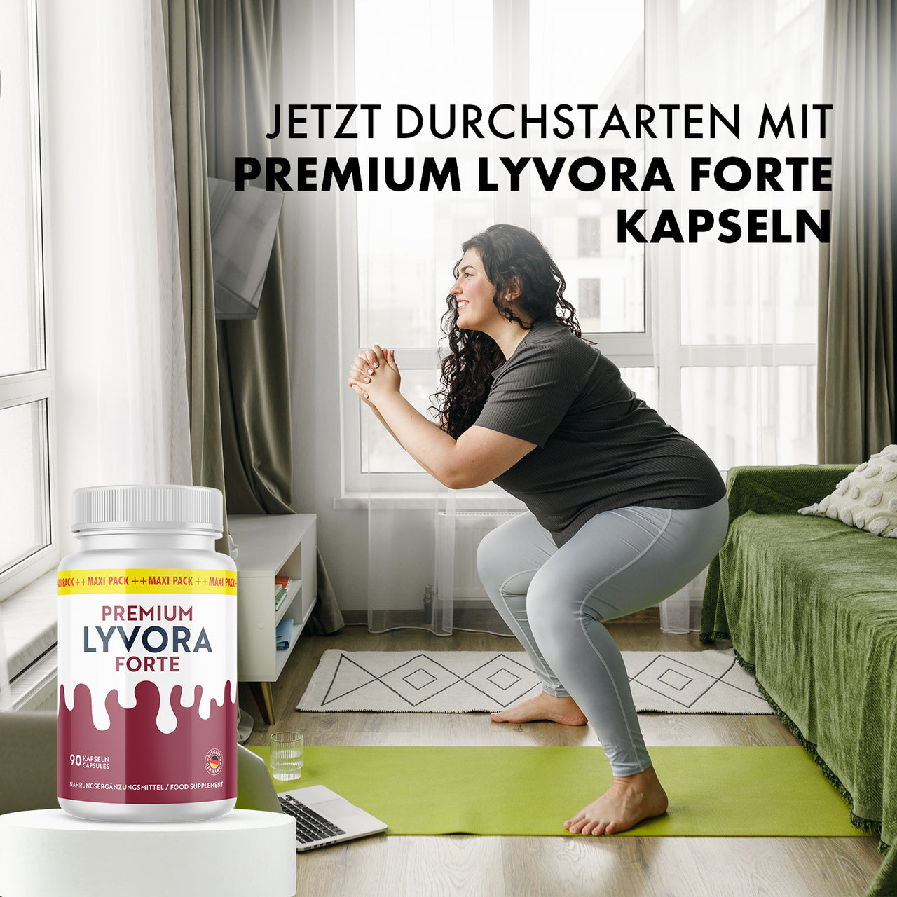 Frau auf Matte in Kniebeuge, Premium Lyvora Forte und Text im Bild