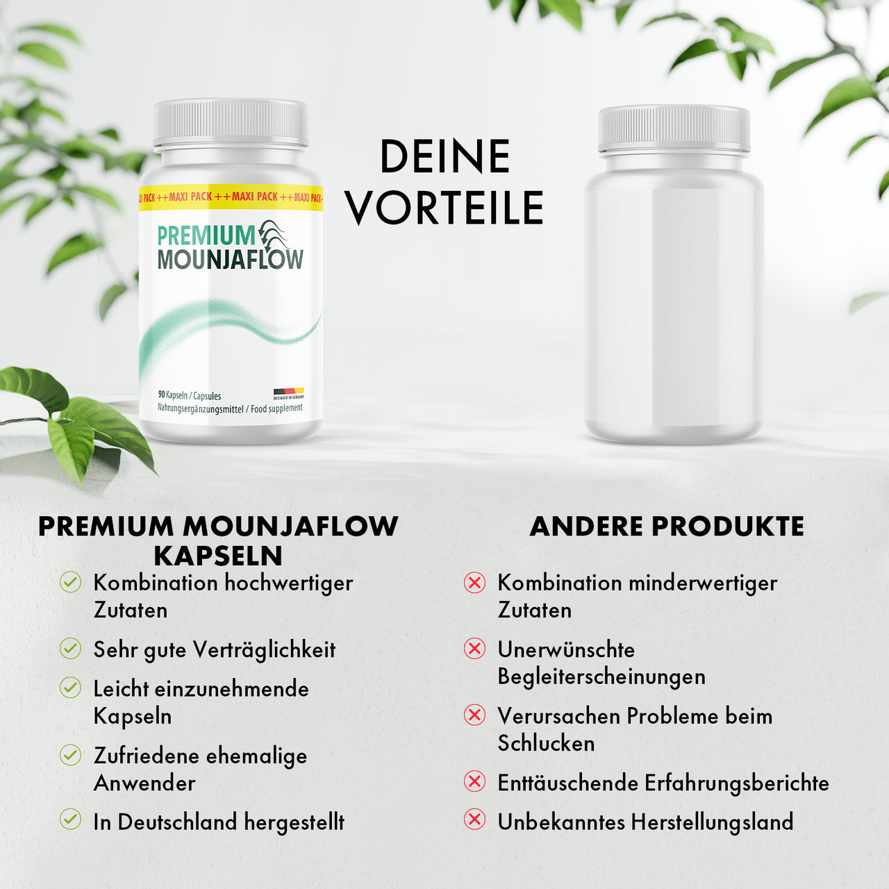 Premium Mounjaflow Kapseln neben neutraler Dose, darunter Vorteile und Nachteile als Liste