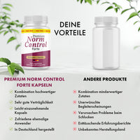 Thumbnail for Vergleichsgrafik mit Norm Control Forte Dose, anderer Dose, Vorteilslisten und Bewertungssymbolen