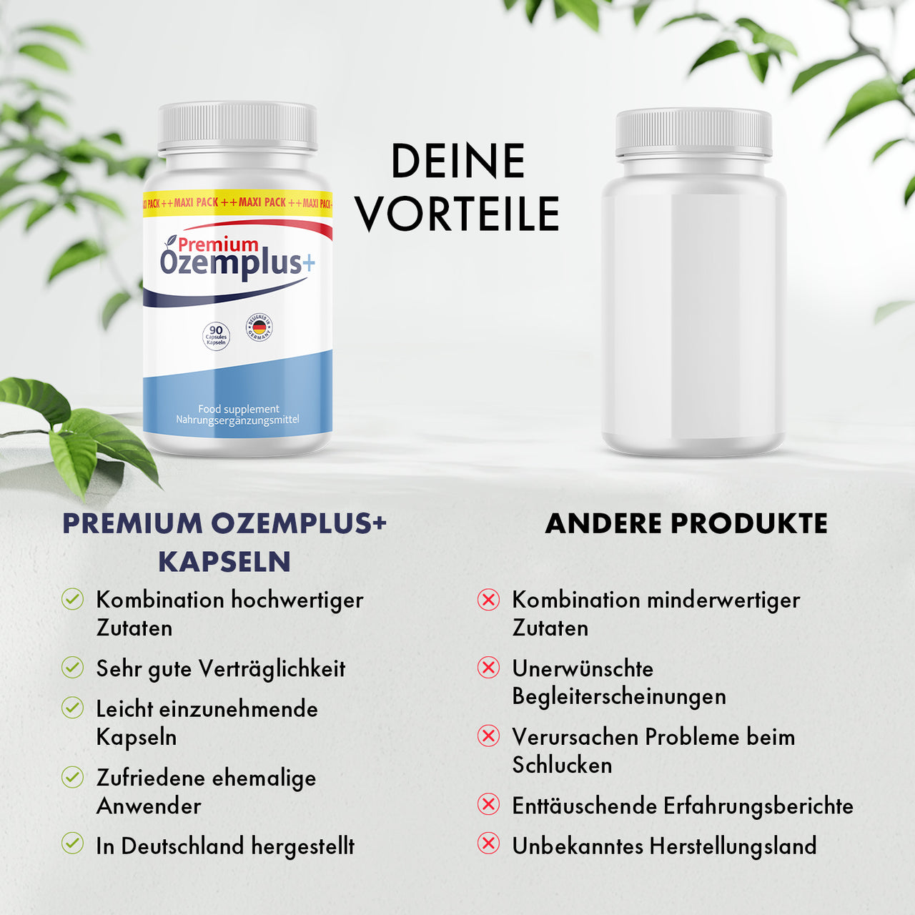 Vergleichsgrafik mit Ozemplus+ Premium Dose, anderer Dose, Vorteilslisten und Bewertungssymbolen