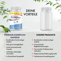Thumbnail for Vergleichsgrafik mit Ozemplus+ Premium Dose, anderer Dose, Vorteilslisten und Bewertungssymbolen