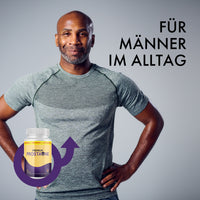 Thumbnail for Premium Prostaone Produktgrafik mit Mann, Dose und Hinweis für Männer im Alltag auf grauem Grund