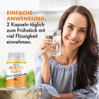 Thumbnail for Frau hält ein Glas Wasser, daneben Dose Premium Rapid Burn und sichtbarer Anwendungshinweis zur Einnahme