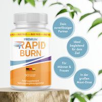 Thumbnail for Dose Premium Rapid Burn mit 90 Kapseln und vier Infokreisen auf hellem Hintergrund mit grünen Blättern