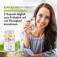 Thumbnail for Frau hält Wasserglas neben Reta-3 Formula Dose mit 90 Kapseln und sichtbarem Einnahmehinweis