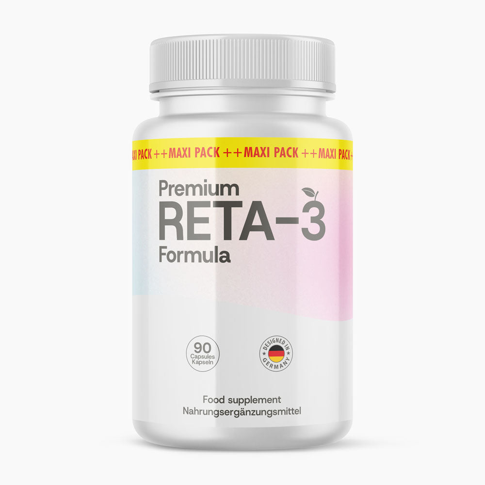 Produktbild zeigt Premium RETA-3 Formula Nahrungsergänzungsmittel in weißer Kapseldose frontal