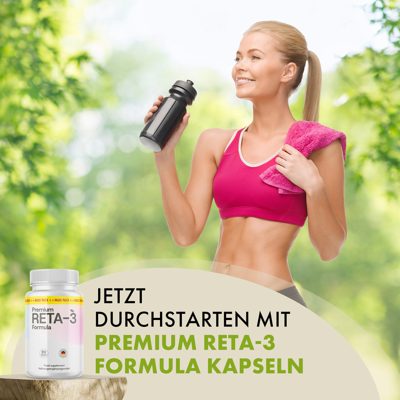 Frau hält Trinkflasche und Handtuch neben Reta-3 Formula Dose mit 90 Kapseln und großem Textfeld