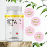 Thumbnail for Weiße Dose Reta-3 Formula mit 90 Kapseln auf Holzpodest und vier rosa Infokreisen rechts