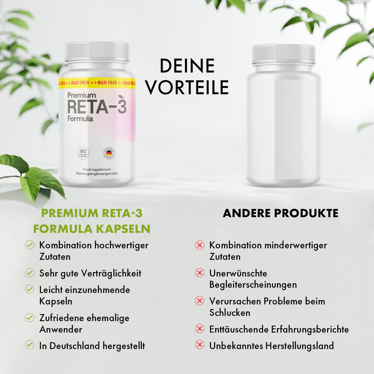 Vergleichsgrafik mit Reta-3 Formula Dose, anderer Dose, Vorteilslisten und Bewertungssymbolen