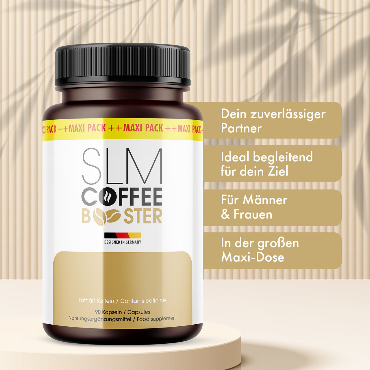 Dose Slim Coffee Booster mit 90 Kapseln auf Podest und sichtbaren Produktmerkmalen im Hintergrund