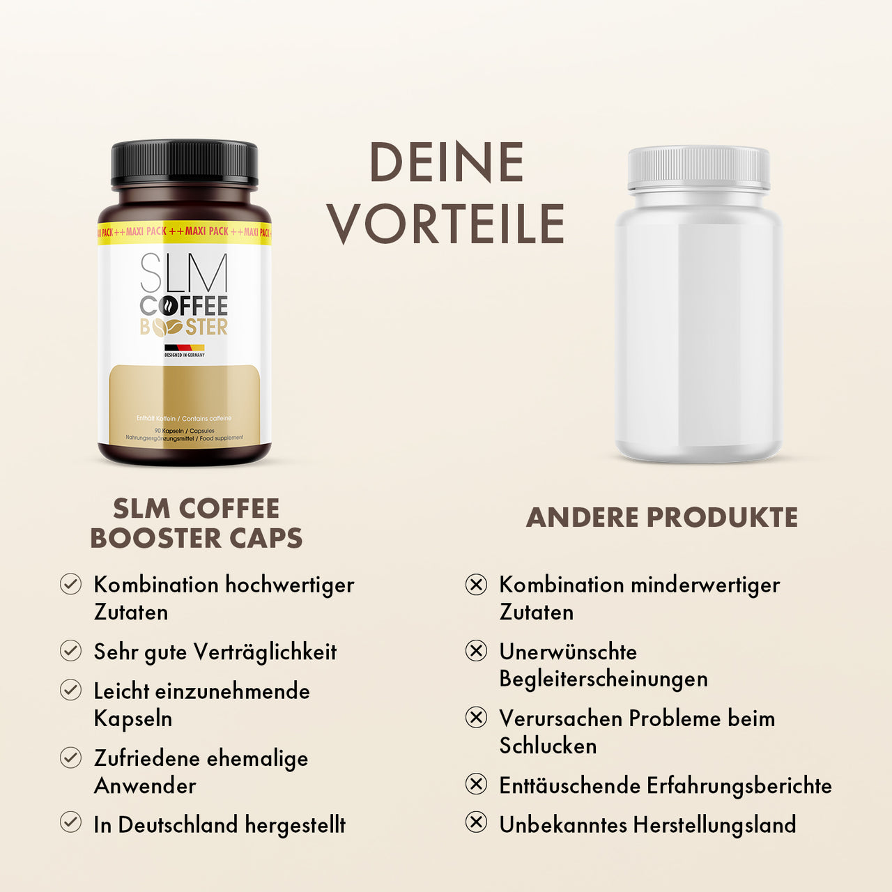 Slm Coffee Booster wird einer neutralen Dose mit Listen zu Vorteilen und Nachteilen gegenübergestellt