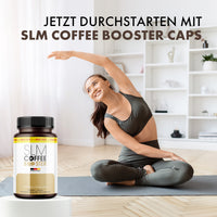 Thumbnail for Frau macht Dehnübung auf Matte neben Dose Slm Coffee Booster mit 90 Kapseln und sichtbarem Werbetext