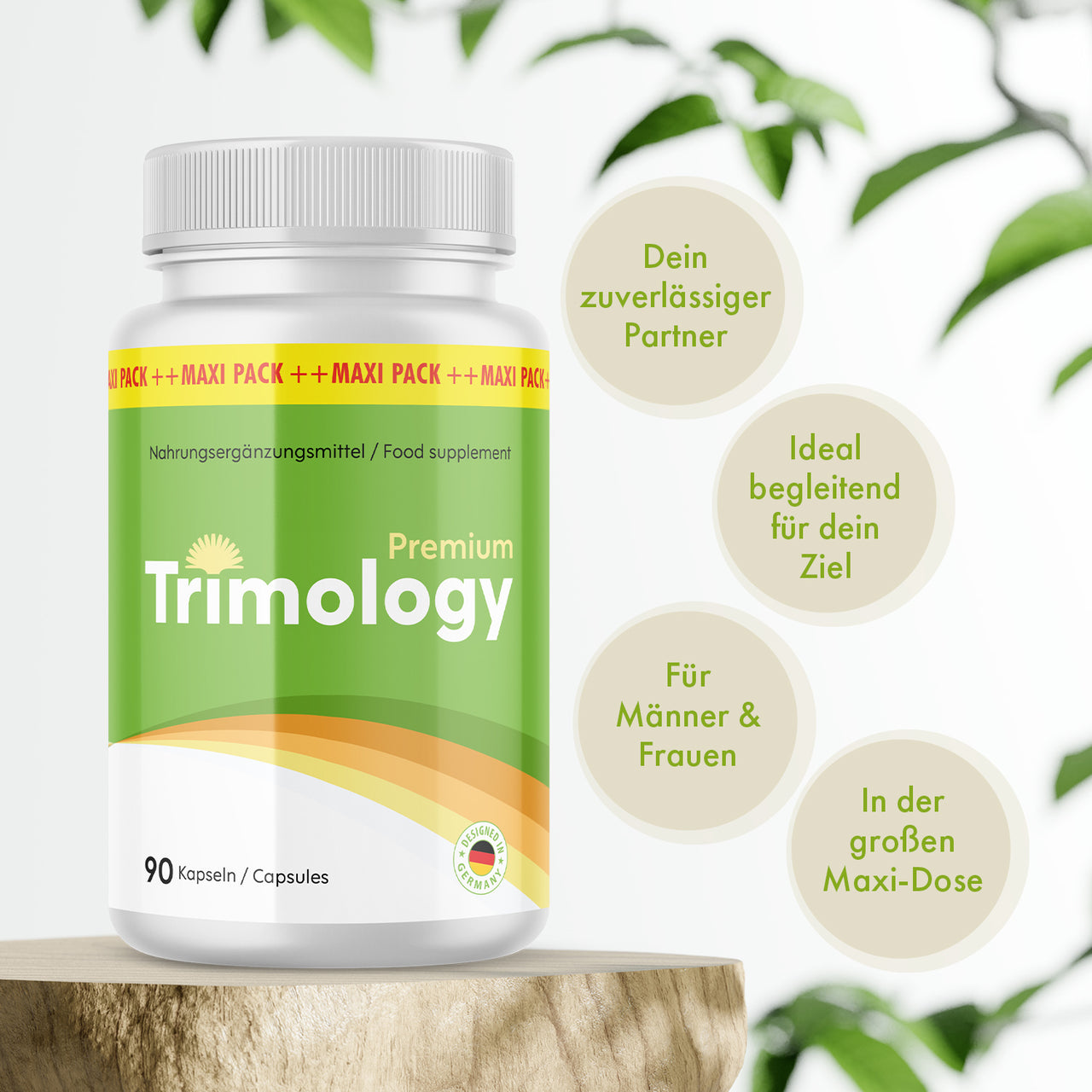 Trimology Premium Dose mit 90 Kapseln auf Holzfläche und runden Hinweisfeldern