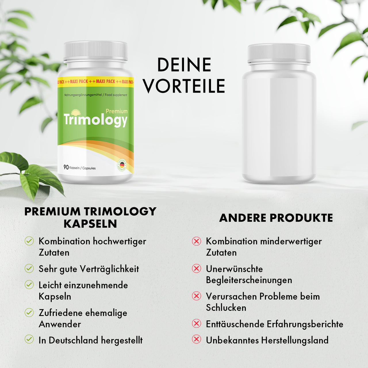 Vergleichsgrafik mit Trimology Premium Dose und weißer Dose ohne Etikett