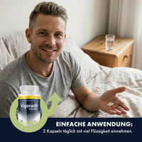 Thumbnail for Mann hält zwei Kapseln in der Hand neben Vigoradil Complex und Einnahmehinweis zu 2 Kapseln täglich
