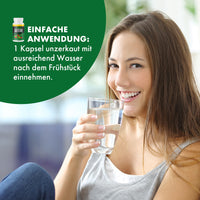 Thumbnail for Premium Gutera Anwendungshinweis mit Frau, Wasserglas und Empfehlung zur Einnahme nach Frühstück