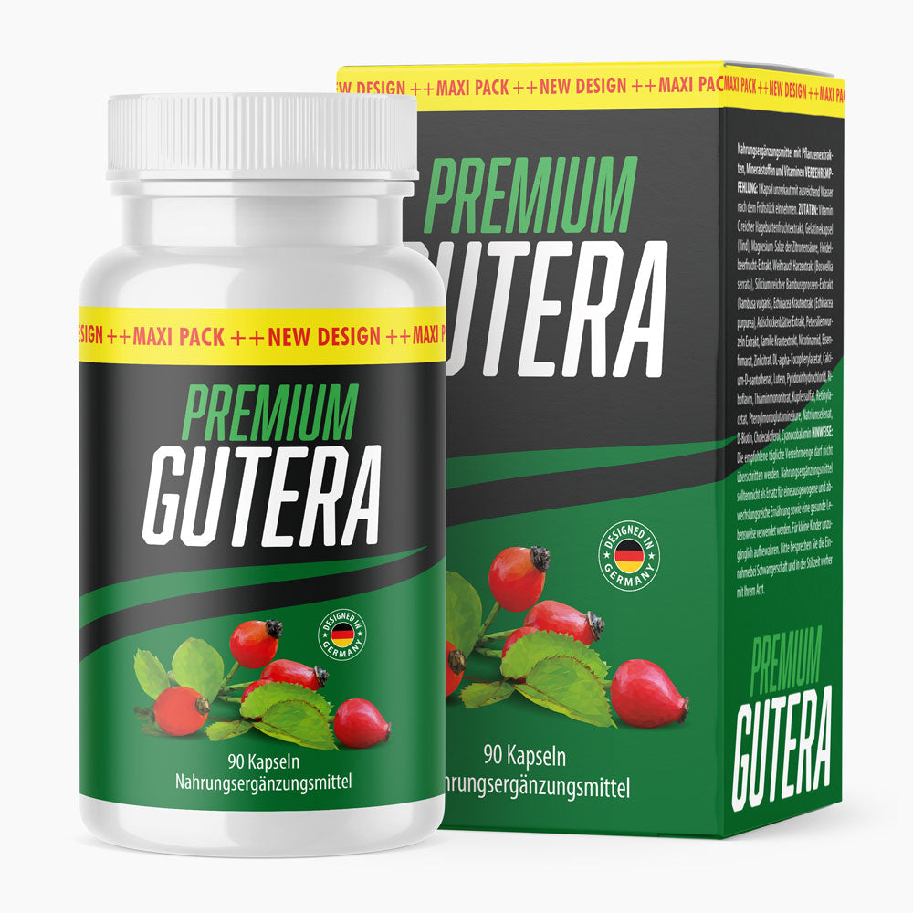 Produktbild von Premium Gutera Kapseln mit weißer Dose, grüner Verpackung und roten Hagebutten