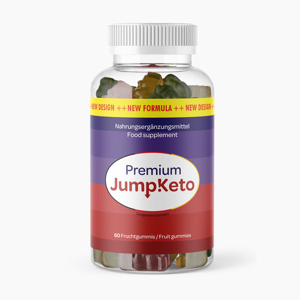Transparente Dose Premium Jump!Keto mit bunten Fruchtgummis und rotem Etikett vorne gezeigt
