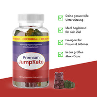 Thumbnail for Premium Jump!Keto Fruchtgummis in transparenter Dose mit Vorteilen und Gummies rechts gezeigt