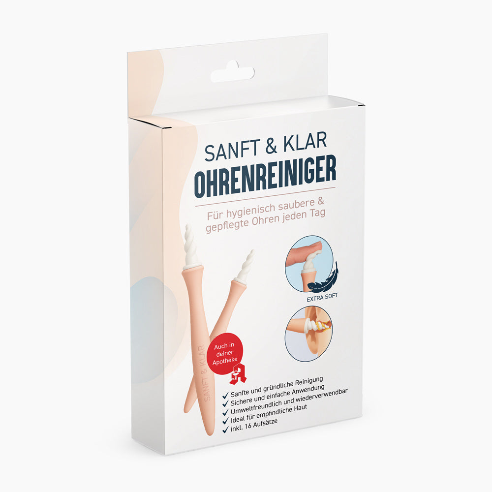Weiße Produktverpackung Sanft & Klar Ohrenreiniger mit rosa Griffen und spiralförmigen Spitzen