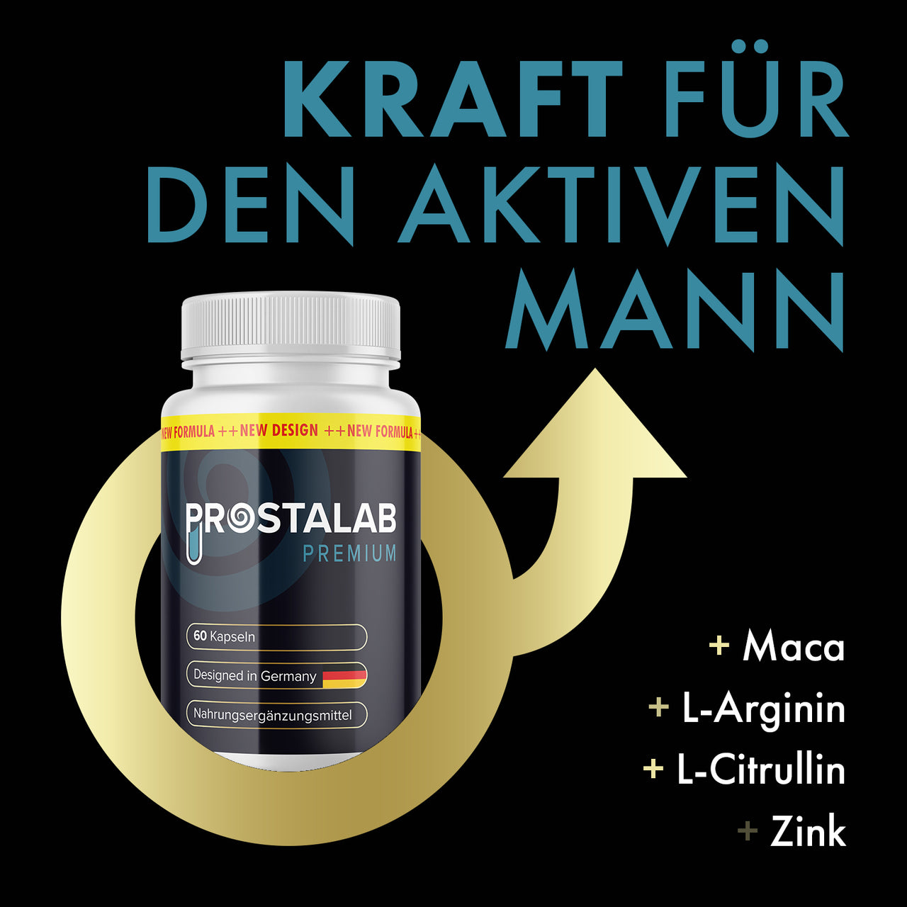 Prostalab Premium Dose mit Schriftzug Kraft für den aktiven Mann und Zutatenübersicht rechts