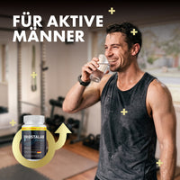 Thumbnail for Person trinkt Wasser im Fitnessraum neben Prostalab Premium und Text Für aktive Männer im Bild