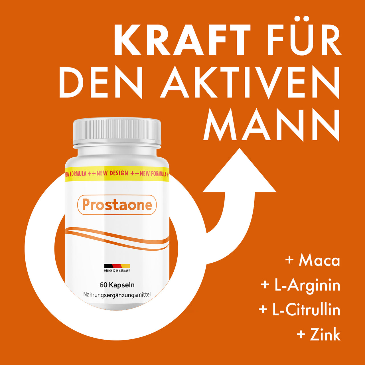 Werbegrafik für Prostaone mit 60 Kapseln; beworben mit Maca, L-Arginin, L-Citrullin und Zink