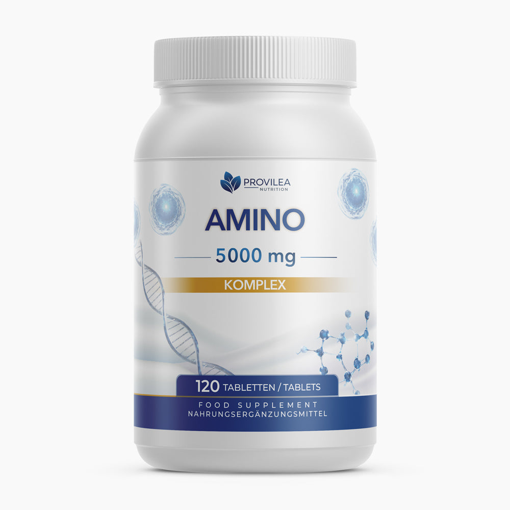 Weiße Dose mit Text Amino 5000 mg Komplex, 120 Tabletten, Nahrungsergänzungsmittel
