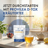Thumbnail for Provilea D-Tox Kräutertee als Produktgrafik auf gedecktem Tisch mit Teetasse und Teekanne