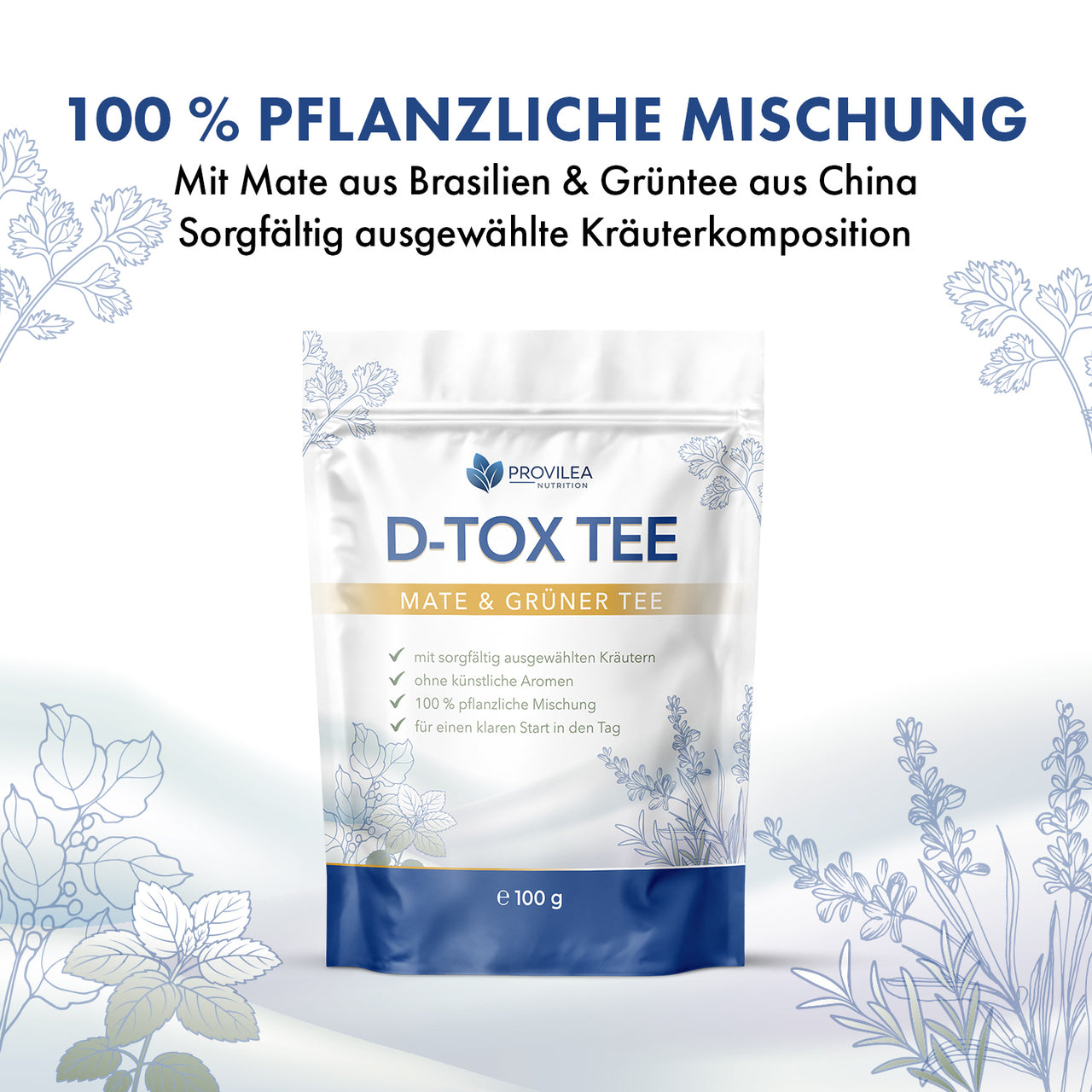 Provilea D-Tox Tee als Produktgrafik mit Beutel und Hinweis auf pflanzliche Kräutermischung