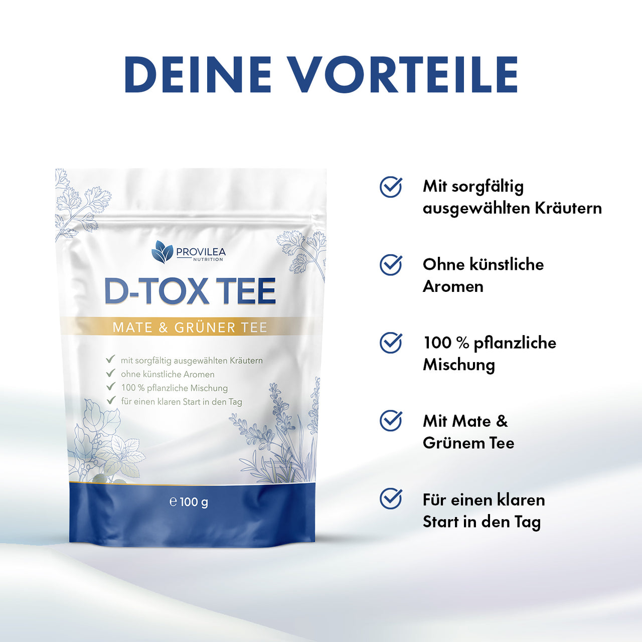 Provilea D-Tox Tee als Produktgrafik mit Beutel und fünf stichpunktartig genannten Vorteilen