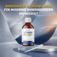 Thumbnail for Lithium Orotat Lösung Flasche neben Pipette, mit grafischen Linien und Schriftzug im Bild oben