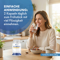 Thumbnail for Provilea Nutrition Magnesium 7 Komplex Dose neben Frühstück, Frau hält Wasserglas mit Einnahmehinweis