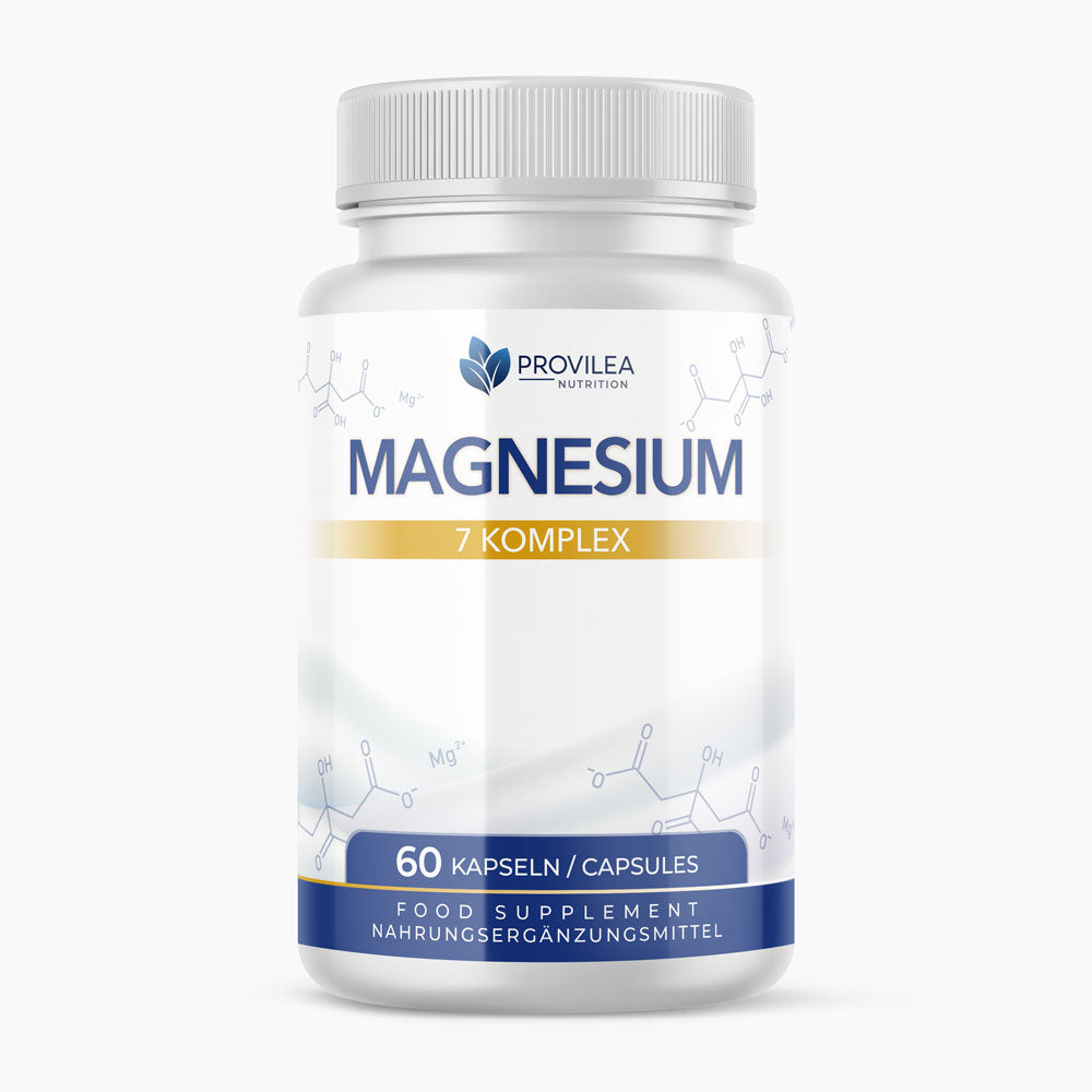 Dose Provilea Nutrition Magnesium 7 Komplex mit 60 Kapseln als Nahrungsergänzungsmittel auf hellem Grund