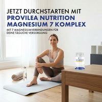 Thumbnail for Provilea Nutrition Magnesium 7 Komplex Dose auf Tisch, Frau sitzt auf Matte mit großem Produkttext