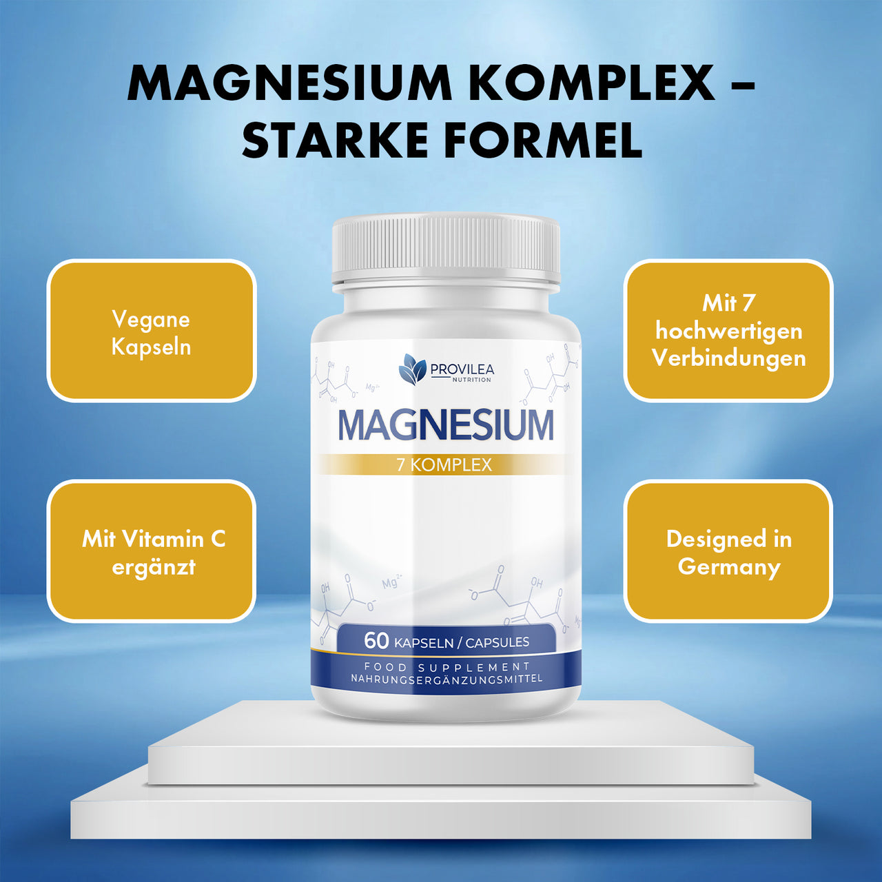 Provilea Nutrition Magnesium 7 Komplex Dose mit 60 Kapseln auf Podest, Infopunkte auf blauem Hintergrund