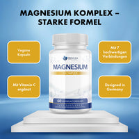 Thumbnail for Provilea Nutrition Magnesium 7 Komplex Dose mit 60 Kapseln auf Podest, Infopunkte auf blauem Hintergrund