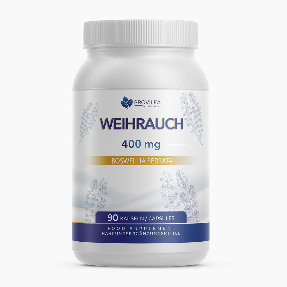 Weiße Kunststoffdose Provilea Weihrauch 400 mg mit 90 Kapseln und blauem Etikett