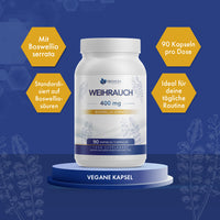 Thumbnail for Provilea Weihrauch 400 mg Dose mit 90 Kapseln auf blauem Podest und gelben Textfeldern