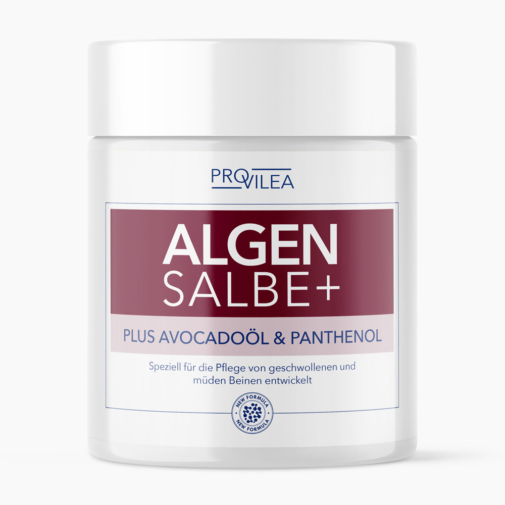 Weiße Kunststoffdose mit bordeauxfarbenem Etikett Provilea Algen Salbe Plus, 100 ml