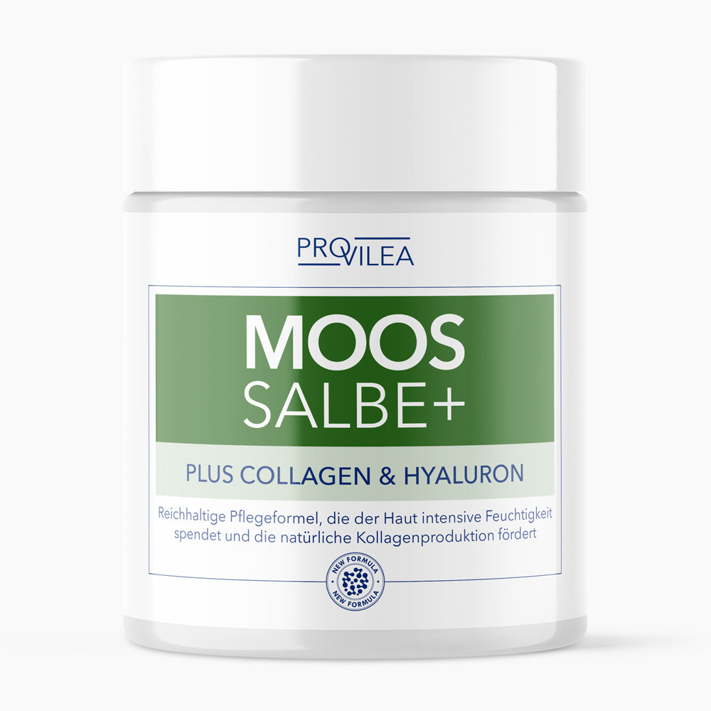 Dose Moos Salbe+ von Provilea mit Collagen und Hyaluron Aufschrift für intensive Hautpflege