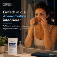 Thumbnail for PROVILEA Nasen Pflaster mit Packung und Frau, die vor einem Spiegel einen Nasenstrip andrückt