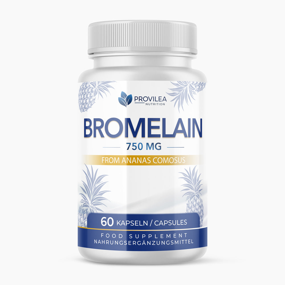 Bromelain 750 mg von Provilea Nutrition, 60 Kapseln in weißer Dose mit blauem Etikett und Ananas