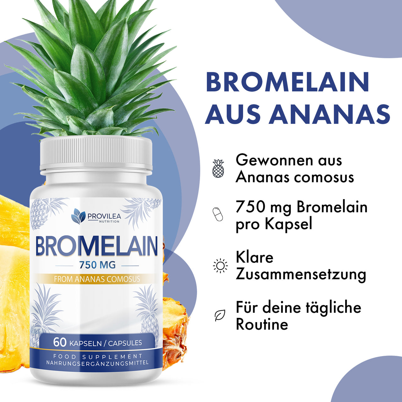 Provilea Bromelain 750 mg Kapseln, Produktgrafik mit Ananas, Dose und Vorteilen für die Routine