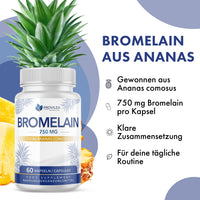 Thumbnail for Provilea Bromelain 750 mg Kapseln, Produktgrafik mit Ananas, Dose und Vorteilen für die Routine