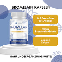 Thumbnail for Provilea Bromelain Kapseln 750 mg, Dose mit Ananas-Motiv und Hinweisen zu veganer Kapsel im Bild
