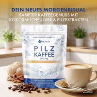 Thumbnail for KI-generierte Werbegrafik für Provilea Pilz Kaffee mit Produktbeutel und Kaffeetasse